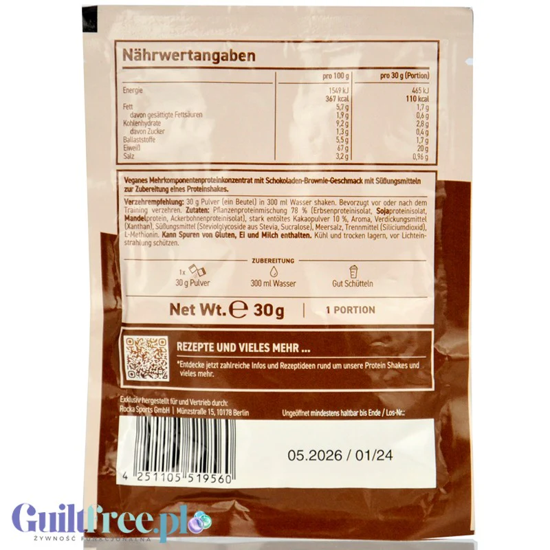 Rocka Nutrition Protein Shake Chocolate Brownie - wegańska odżywka białkowa 4 źródła białka, saszetka - Image 4