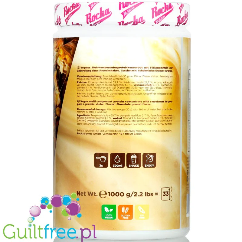Rocka Nutrition Protein Shake Chocolate Peanut 0,9kg - wegańska odżywka białkowa 5 źródeł białka, bez laktozy i glutenu - Image 3