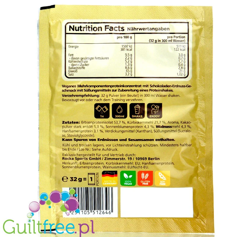 Rocka Nutrition NO WHEY Chocolate Peanut - wegańska odżywka białkowa, saszetka 32g - Image 2