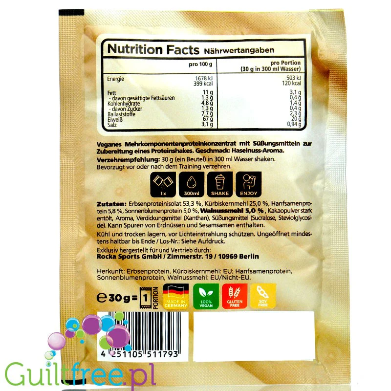 Rocka Nutrition NO WHEY Hazelnut Cream - wegańska odżywka białkowa, saszetka 30g - Image 3