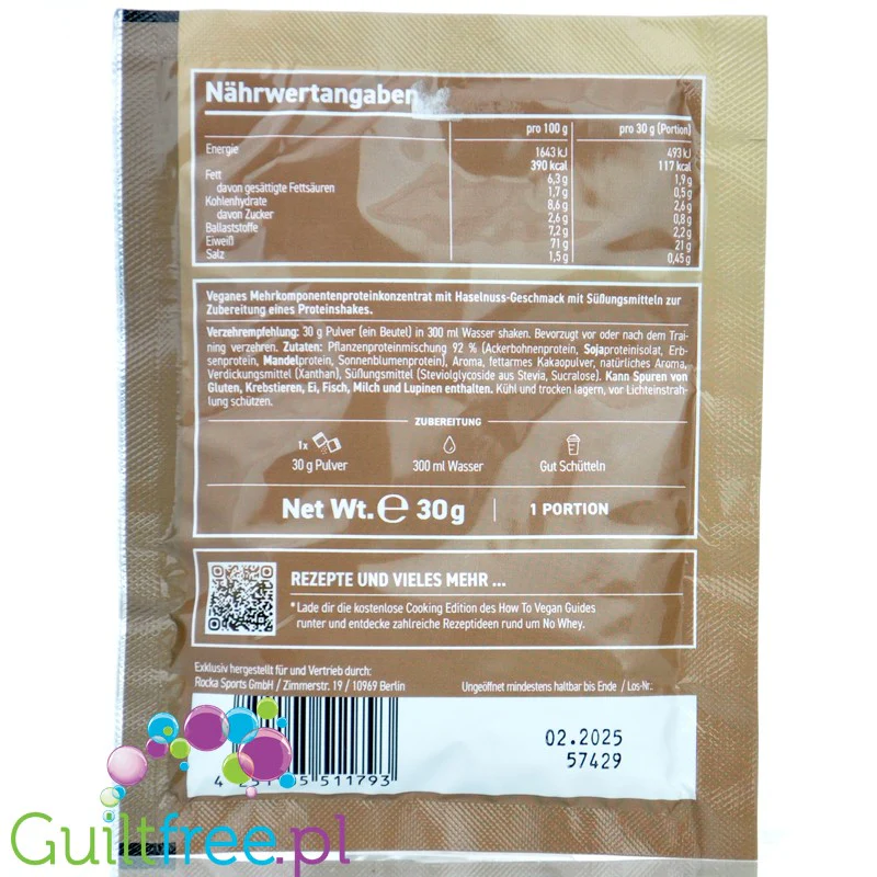 Rocka Nutrition NO WHEY Hazelnut Cream - wegańska odżywka białkowa, saszetka 30g - Image 4