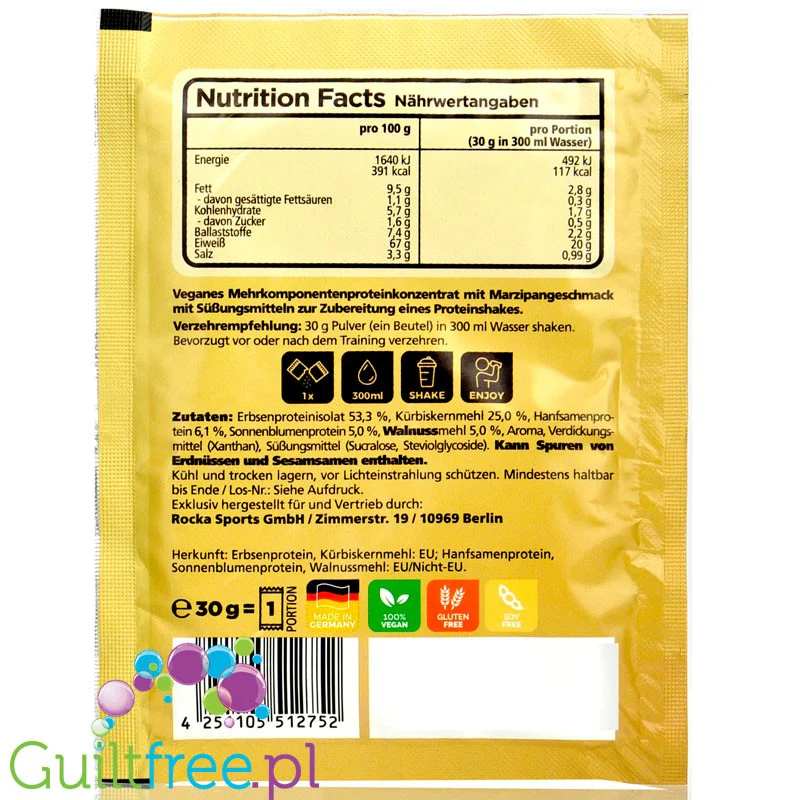 Rocka Nutrition NO WHEY Marzipankartoffel - wegańska odżywka białkowa 5 źródeł białka, bez soi i glutenu, saszetka - Image 2