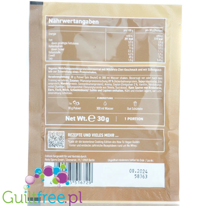 Rocka Nutrition NO WHEY Milchreis Zimt 30g - wegańska odżywka białkowa bez soi, 4 źródła białka, smak Ryż na Mleku - Image 2