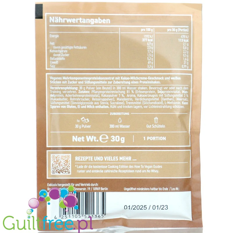 Rocka Nutrition No Whey Milky Choco White Choco Chip 30g - wegańska odżywka białkowa 5 źródeł białka, saszetka - Image 2