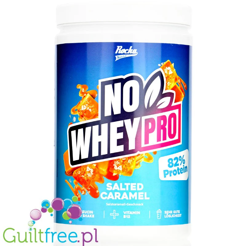 Rocka Nutrition NO WHEY PRO Salted Caramel 1kg - wegańska odżywka białkowa z B12 i aminokwasami, bez cukru, soi i glutenu