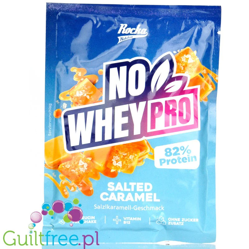 Rocka Nutrition NO WHEY PRO Salted Caramel - wegańska odżywka białkowa z B12 i aminokwasami, bez cukru, soi i glutenu, saszetka