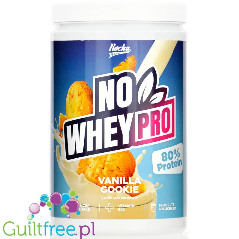 Rocka Nutrition NO WHEY PRO Vanilla Cookie 1kg - wegańska odżywka białkowa z B12 i aminokwasami, bez cukru, soi i glutenu