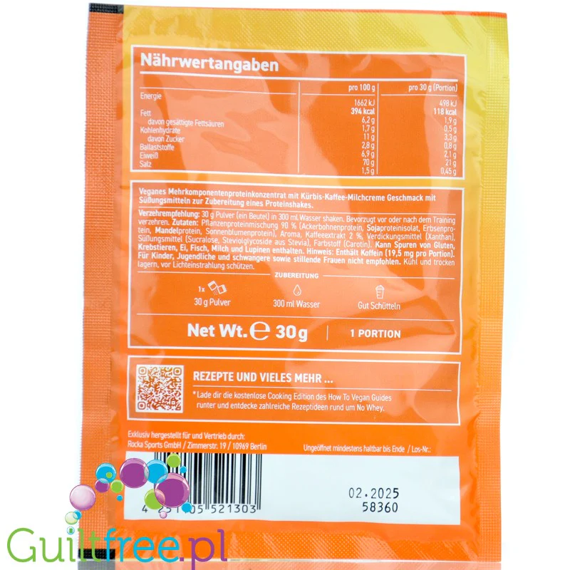 Rocka Nutrition NO WHEY Pumpkin Spice Latte 30g - wegańska odżywka białkowa 5 źródeł białka, bez glutenu - Image 2
