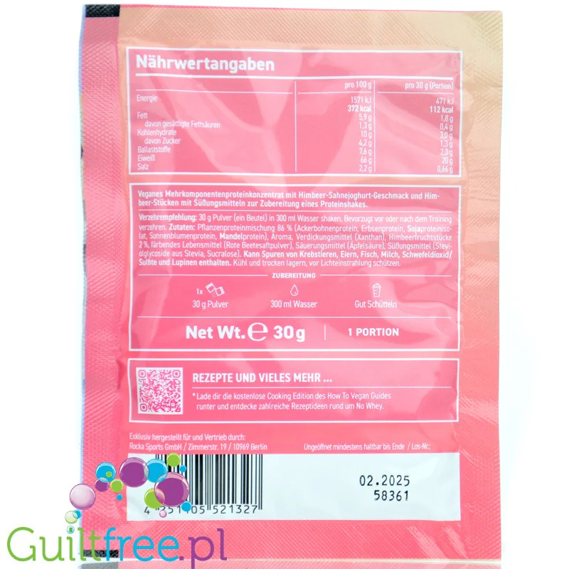 Rocka Nutrition NO WHEY Raspberry Sundae 30g - wegańska odżywka białkowa 5 źródeł białka, bez soi i glutenu - Image 2