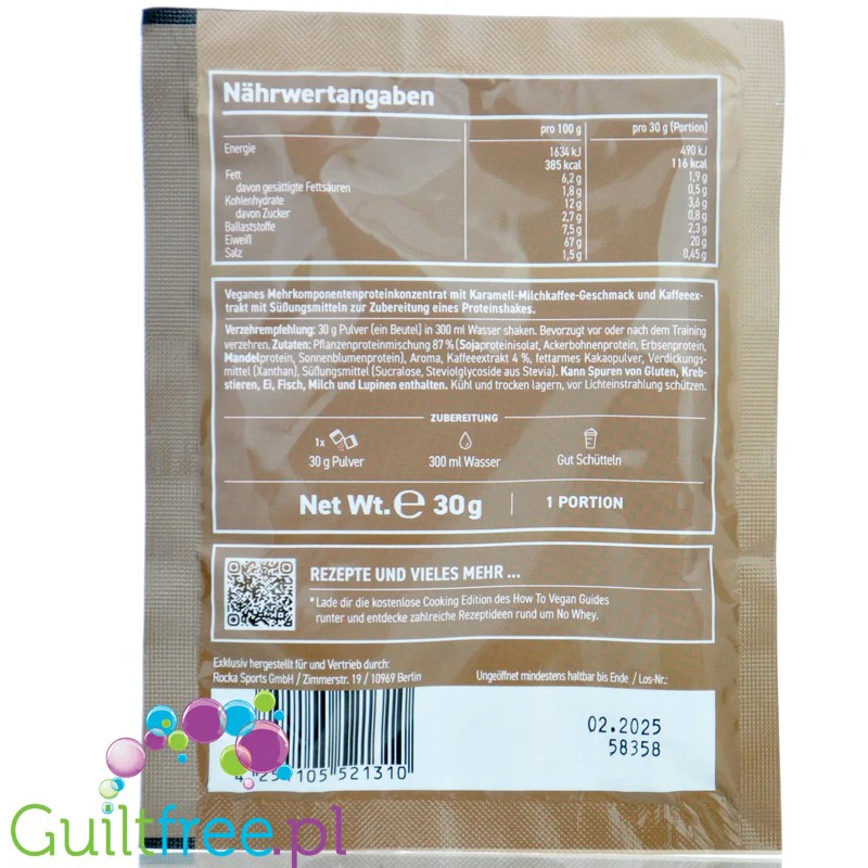 Rocka Nutrition NO WHEY Vanilla Caramel Latte 30g- wegańska odżywka białkowa 5 źródeł białka, Latte Karmelowo-Waniliowe - Image 2