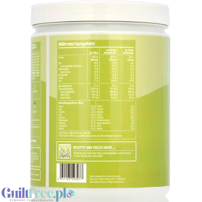 Rocka Nutrition Protein Matcha Latte 600g - wegańska odżywka proteinowa 65mg kofeiny, z matcha i zieloną herbatą - Image 2