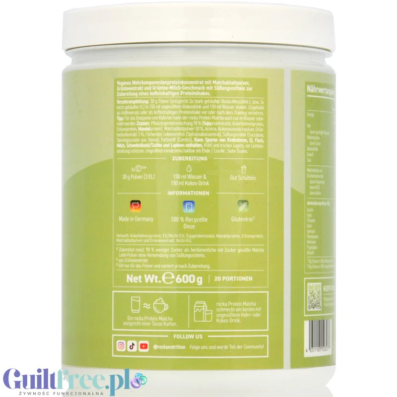 Rocka Nutrition Protein Matcha Latte 600g - wegańska odżywka proteinowa 65mg kofeiny, z matcha i zieloną herbatą - Image 3
