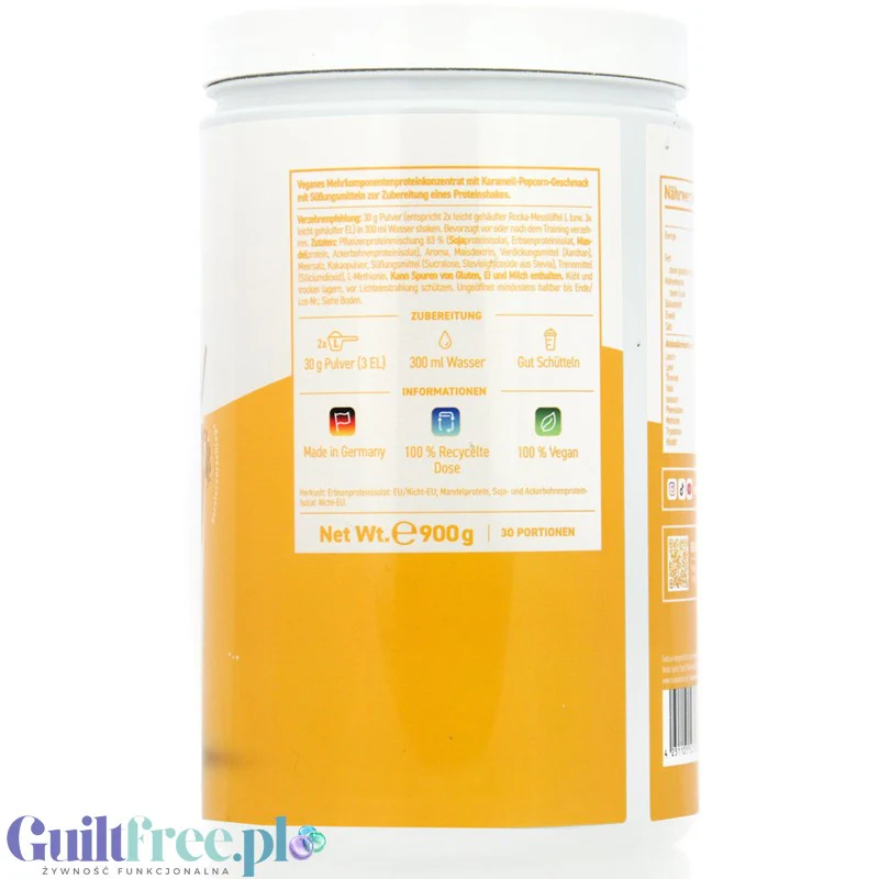 Rocka Nutrition Protein Shake Caramel Popcorn 900g - wegańska odżywka białkowa 4 źródeł białka, smak Karmelizowany Popcorn - Image 2