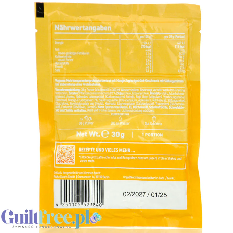 Rocka Nutrition Protein Shake Mango Lassi 30 g - wegańska odżywka białkowa 4 źródła białka - Image 2