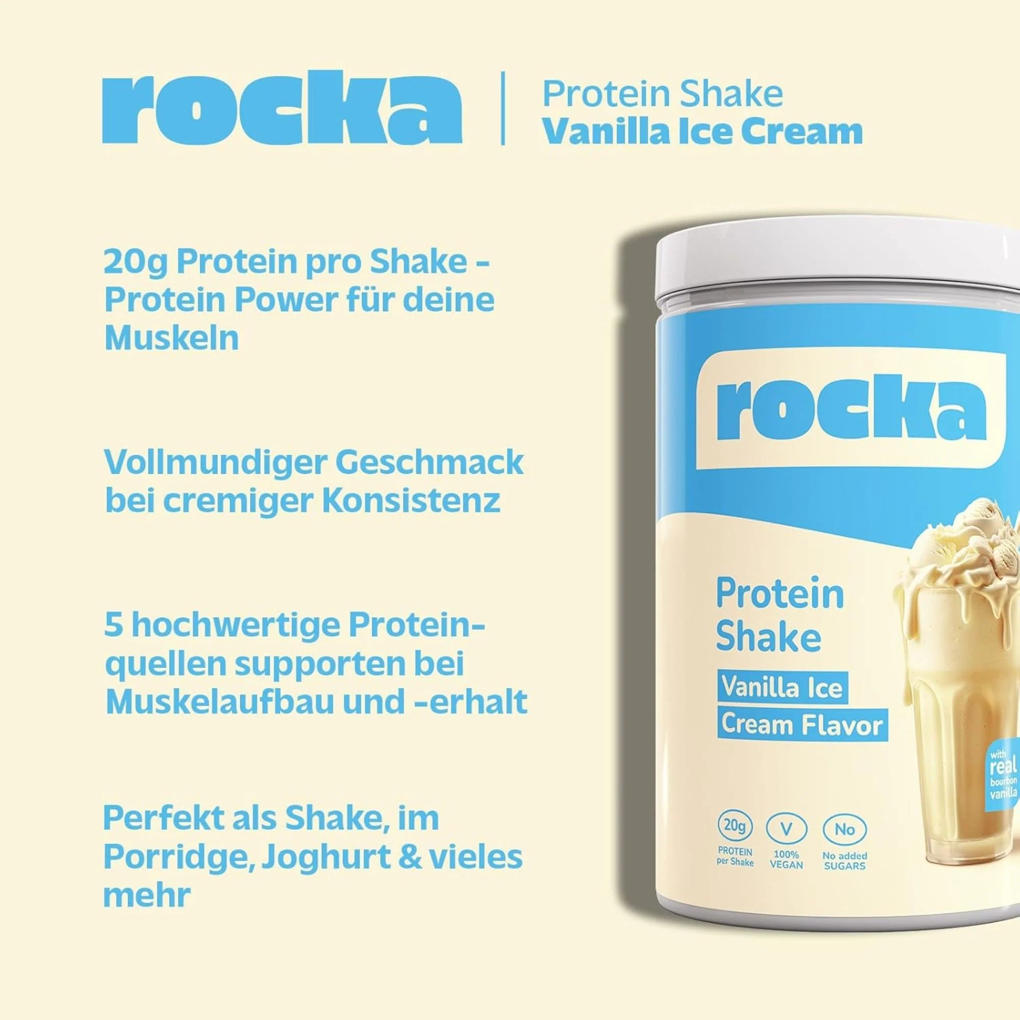 Rocka Nutrition Protein Shake Vanilla Ice Cream 0,3kg - wegańska odżywka białkowa 4 źródeł białka, Lody Waniliowe - Image 3