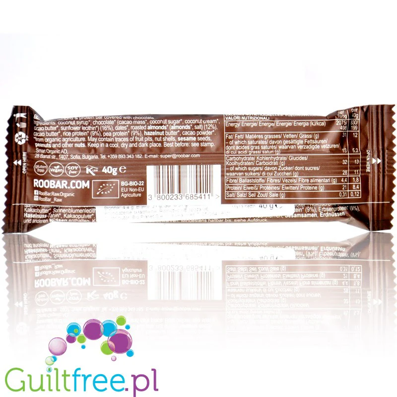 RooBar Hazelnut Plant Protein - wegański baton proteinowy z orzechami laskowymi w polewie z gorzkiej czekolady - Image 2