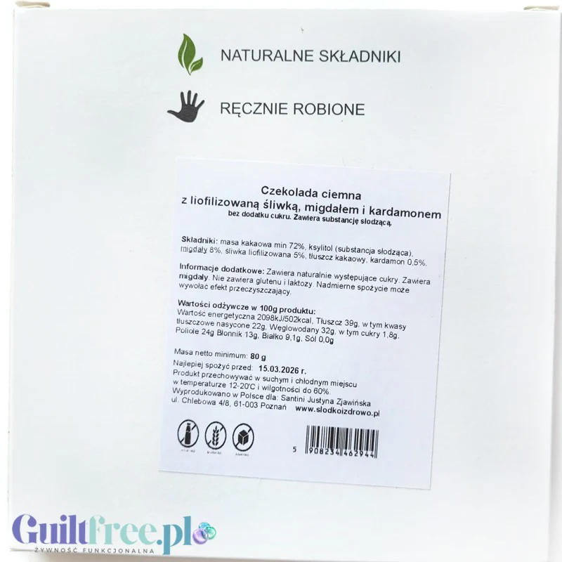 Santini Ciemna Czekolada, Migdał, Śliwka & Kardamon, ręcznie robiona, bez cukru z ksylitolem - Image 4