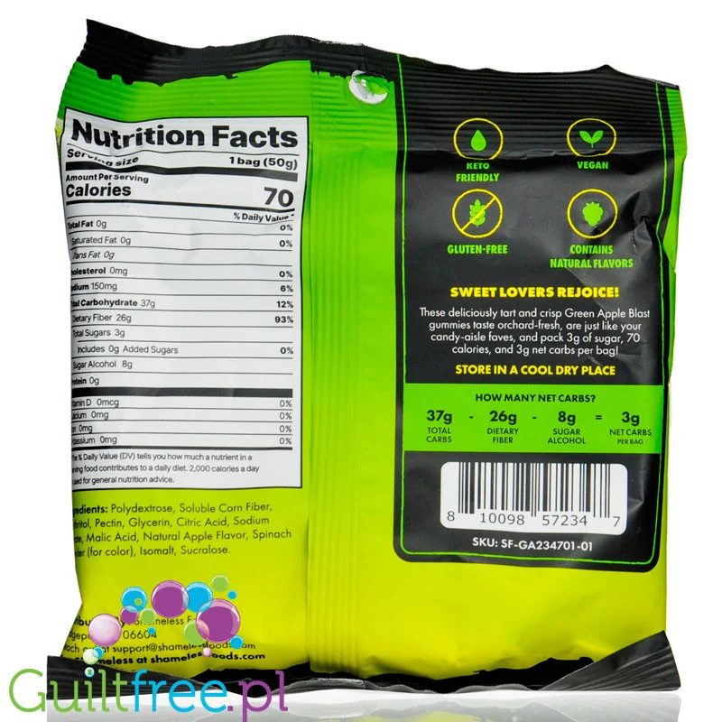 Shameless Snacks Gummy Candy Green Apple Blast 70kcal - kwaśne żelki bez cukru - Image 2