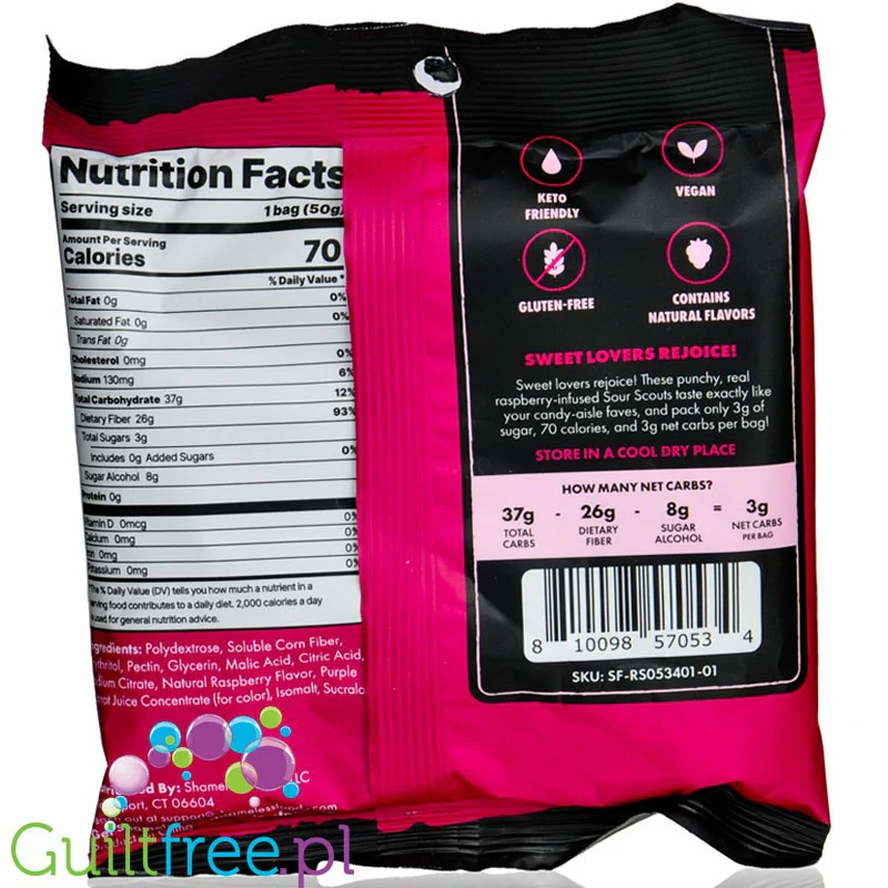 Shameless Snacks Gummy Candy Red Raspberry Sour Scouts 70kcal - malinowe kwaśne żelki bez cukru - Image 2