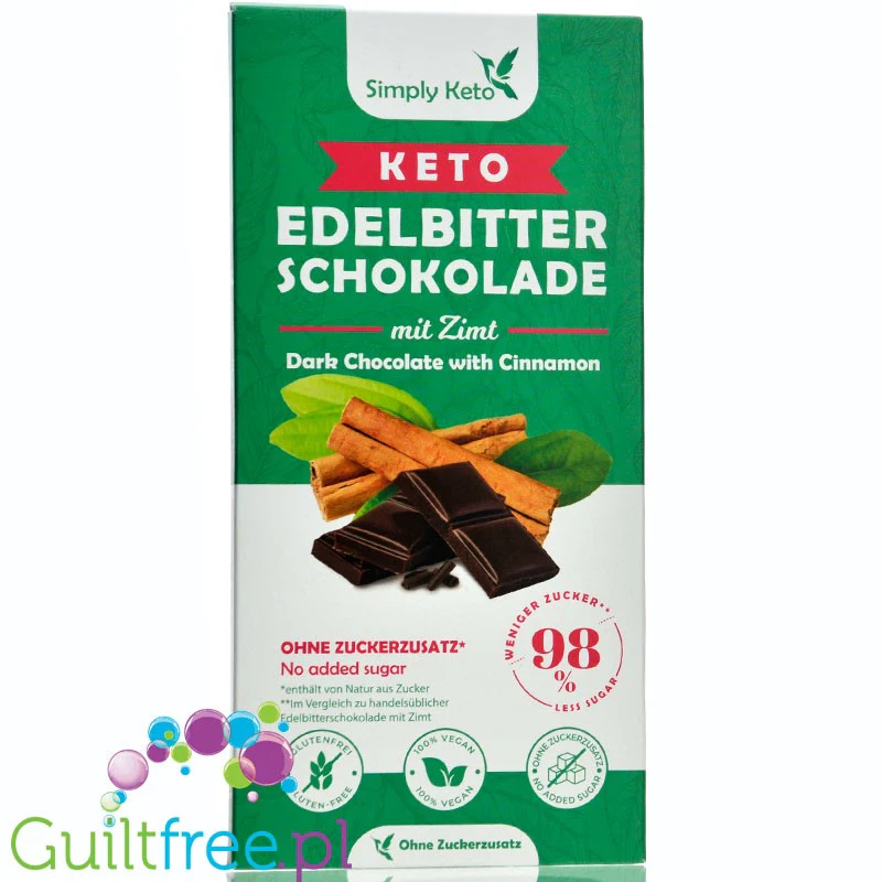 Simply Keto Dark Chocolate & Cinnamon 426kcal - wegańska ciemna czekolada z cynamonem bez cukru i maltitolu