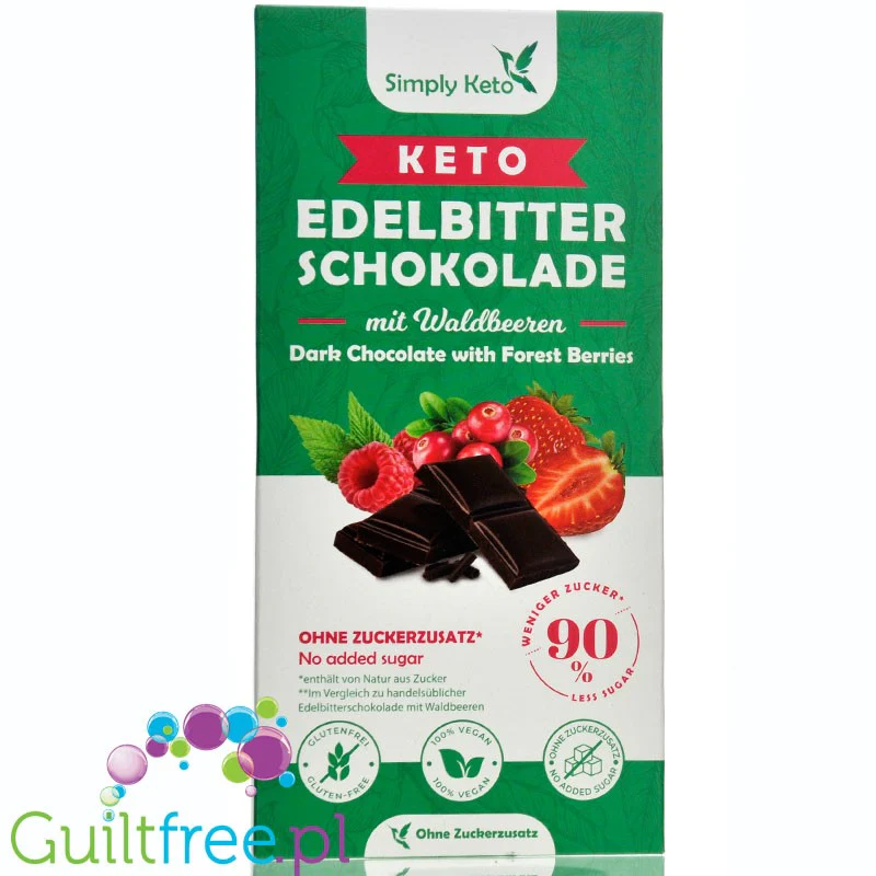 Simply Keto Dark Chocolate & Forest Berries 408kcal - wegańska keto ciemna czekolada z owocami leśnymi, bez maltitolu