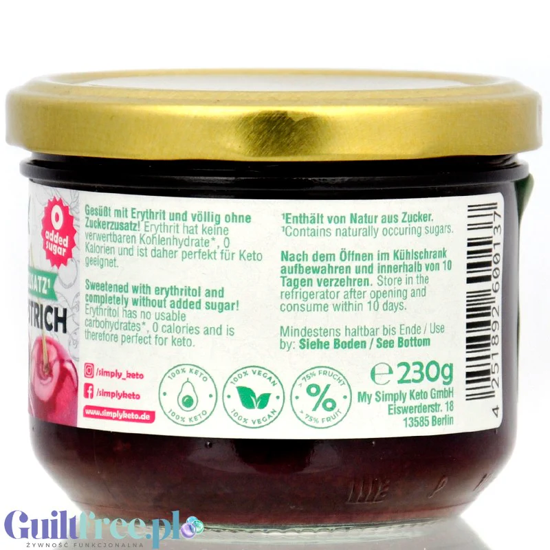 Simply Keto Sour Cherry 40kcal - keto dżem bez cukru z erytrolem Wiśnia - Image 4
