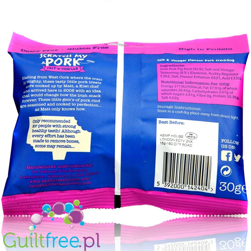Skibbereen Scratch My Pork Salt'N'Vinegar - keto chrupki z wieprzowiny bezglutenowe 2g węglowodanów - Image 2