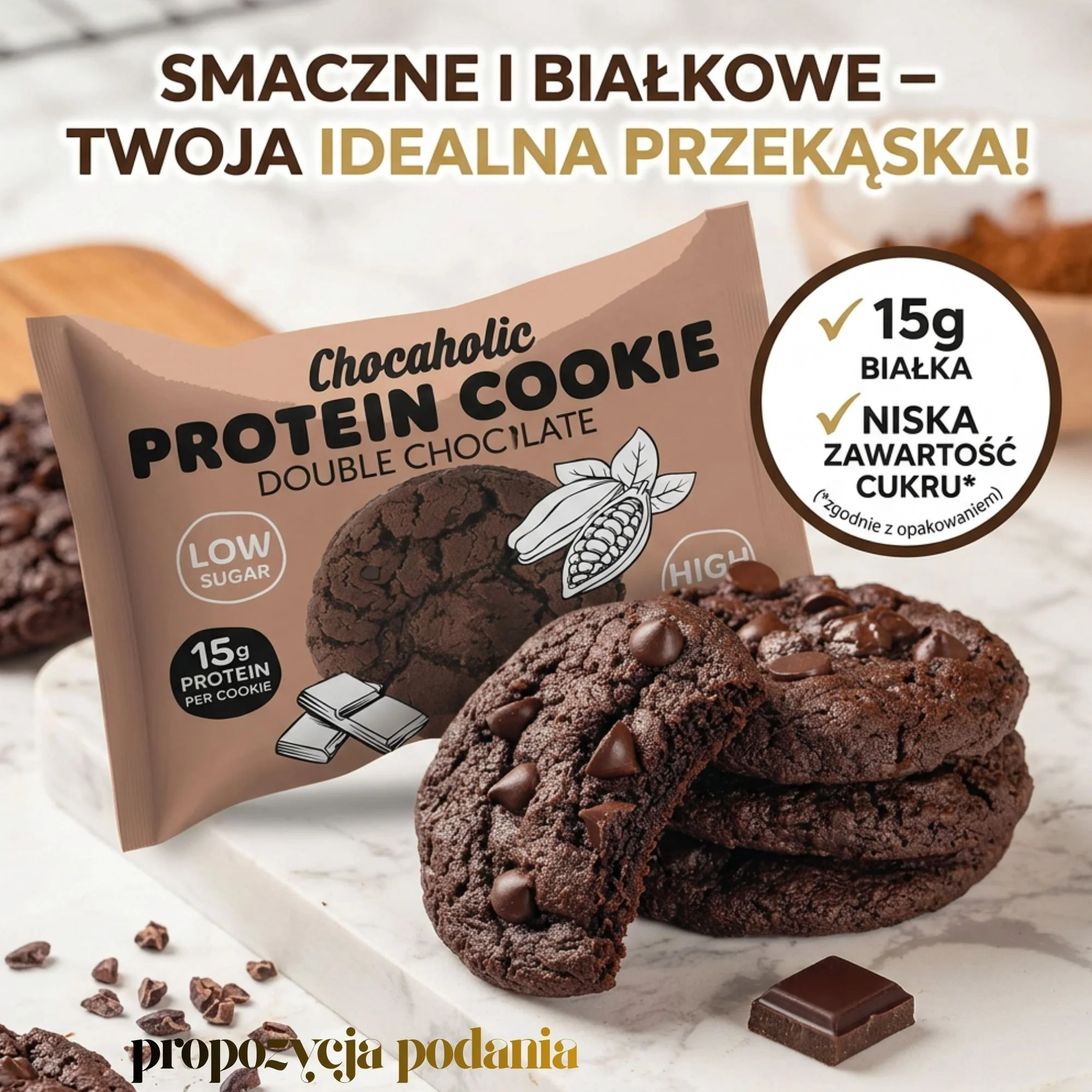 Skinny Food Chocaholic Protein Cookie Double Chocolate - proteinowe ciastko bez cukru mocno czekoladowe - Image 3