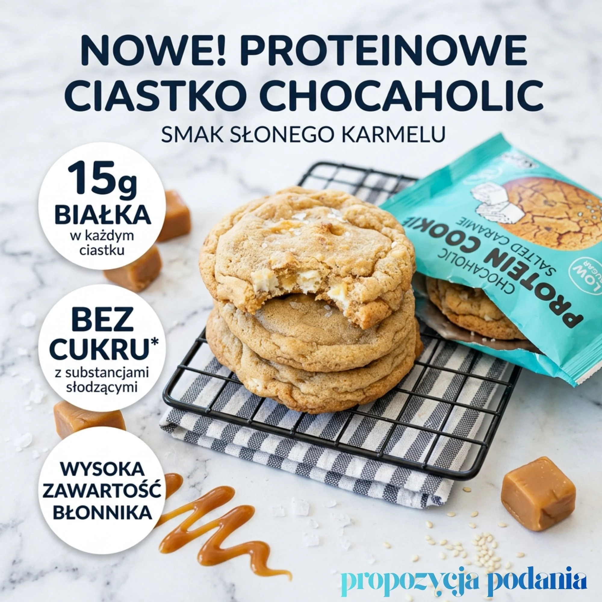 Skinny Food Chocaholic Protein Cookie Salted Caramel - karmelowe proteinowe ciastko bez cukru 15g białka - Image 3