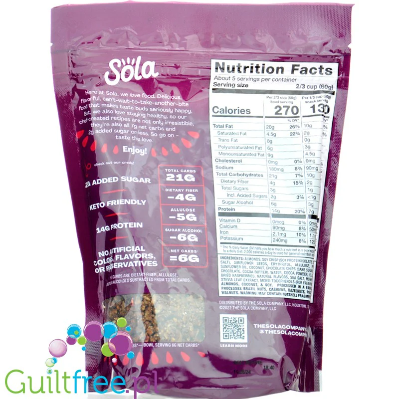 Sola Granola, Chocolate Raspberry - płatki śniadaniowe o obniżonej zawartości węglowodanów, Czekolada & Maliny - Image 4
