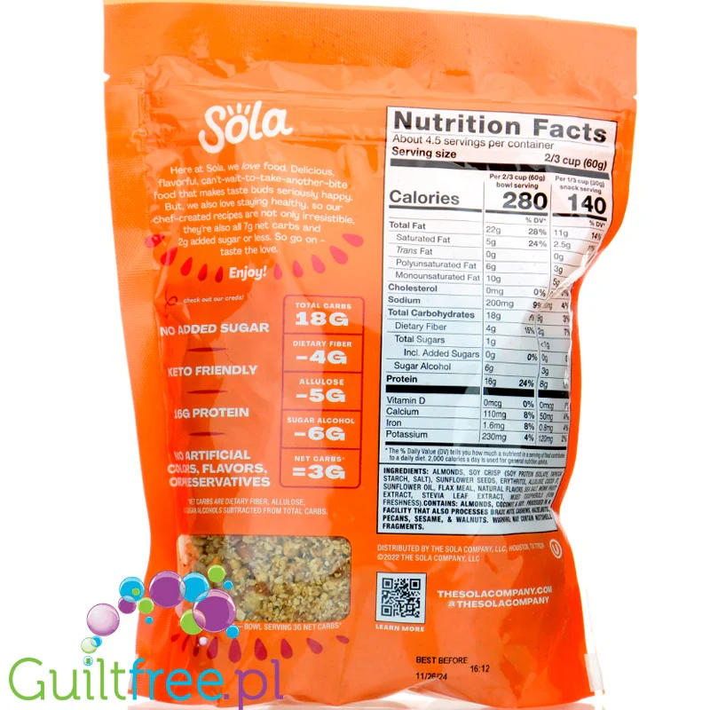 Sola Granola, Honey Nut - keto płatki śniadaniowe bez cukru, Miód & Orzeszki - Image 2