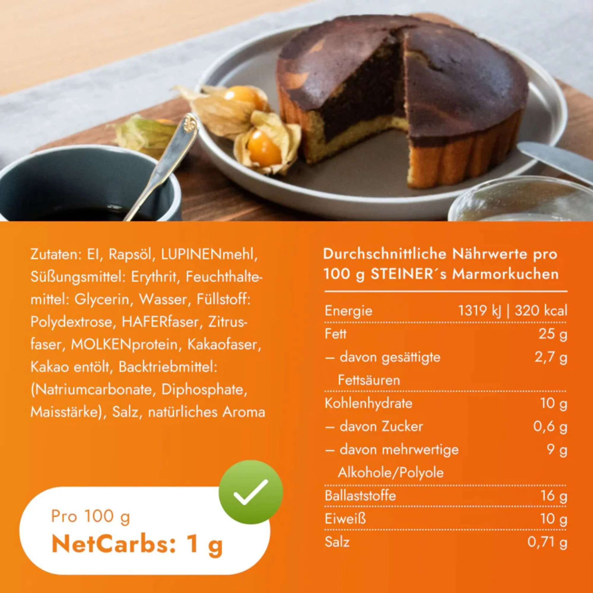 STEINER's Low Carb Marmorkuchen - niskowęglowodanowe gotowe do zjedzenia ciasto marmurkowe bez cukru - Image 5