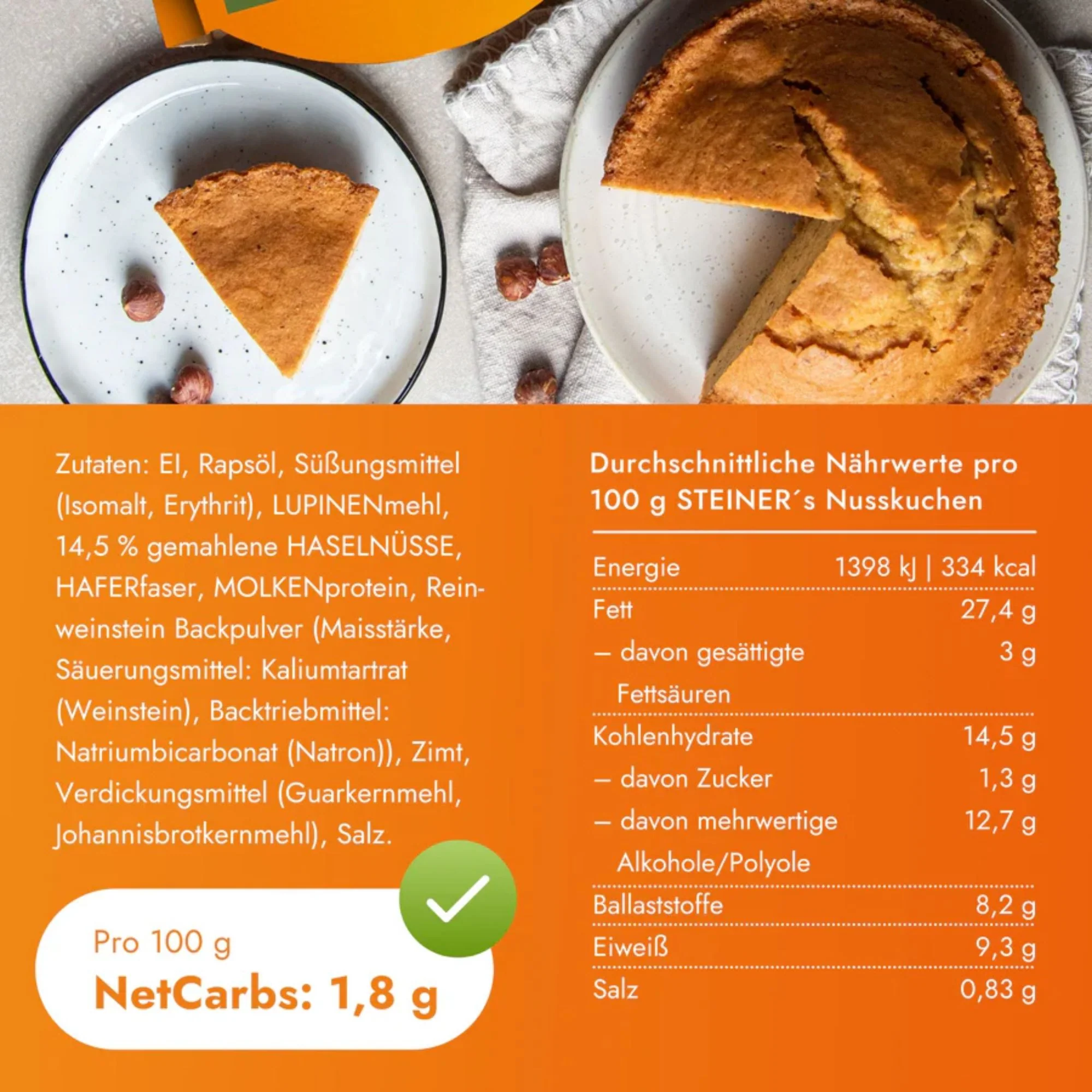 STEINER's Low Carb Nusskuchen - niskowęglowodanowe gotowe do zjedzenia ciasto orzechowe bez cukru - Image 2