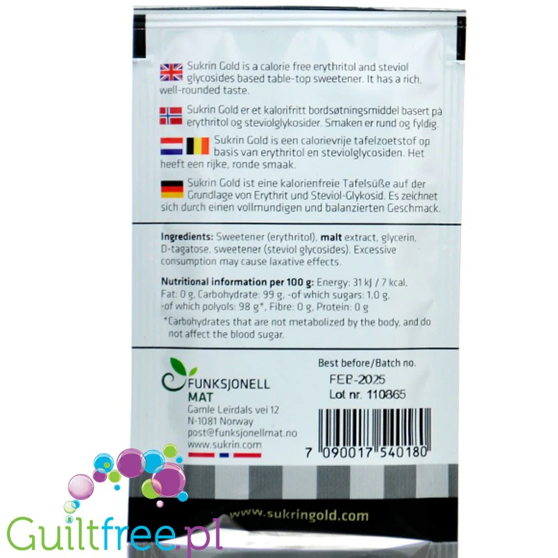 Sukrin Gold 20g saszetka - 8kcal jak brązowy cukier Erytrol & Stewia - Image 2