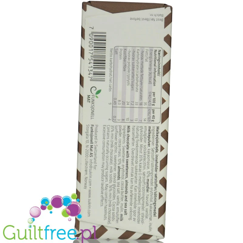 Sukrin Milk Chocolate Almonds & Sea Salt - mleczna czekolada z migdałami i solą morską bez dodatku cukru ze stewią i erytrolem - Image 2