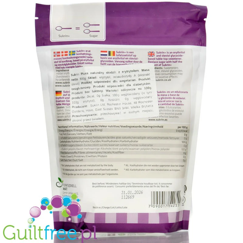 Sukrin + Pluss Erytrol & Stewia - naturalny słodzik 2 x słodszy od cukru 0kcal - Image 3