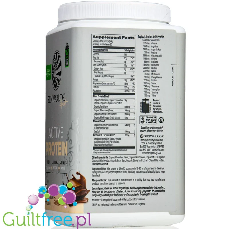 Sunwarrior Active Protein Organic Chocolate 1kg - organiczna wegańska odżywka białkowa ze stewią - Image 4