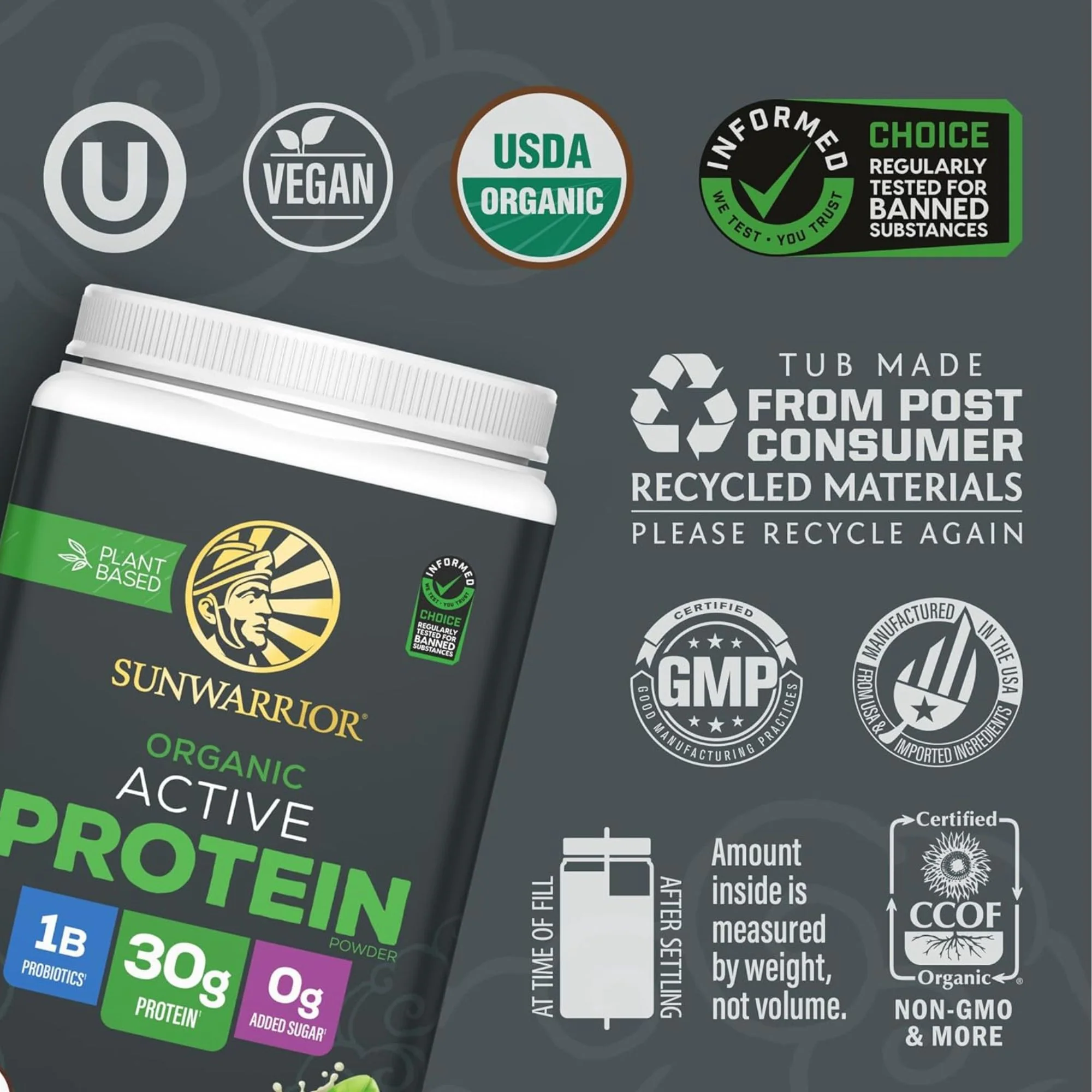 Sunwarrior Active Protein Organic Unflavored 884 g - organiczna wegańska odżywka białkowa - Image 2
