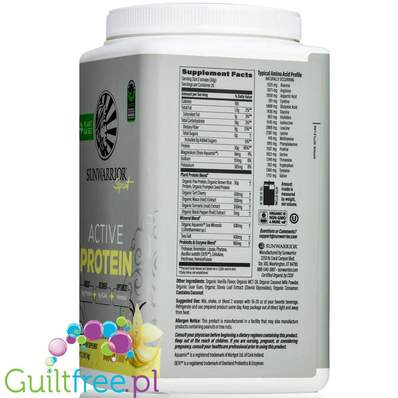 Sunwarrior Active Protein Organic Vanilla 1KG - organiczna wegańska odżywka białkowa ze stewią - Image 4
