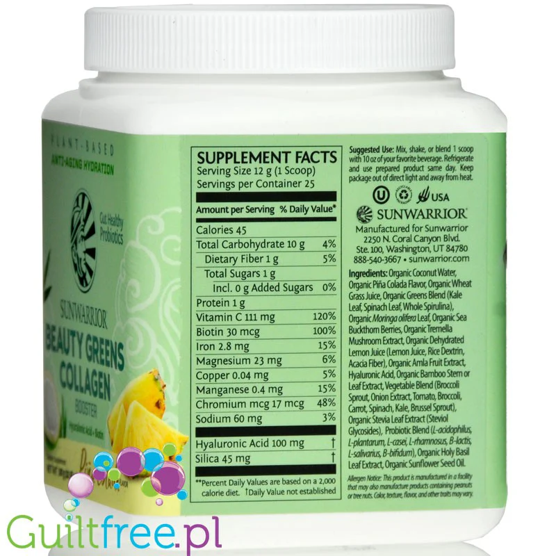 Sunwarrior Beauty Greens Collagen Booster Pina  Colada - wegańska formuła stymulująca - Image 2