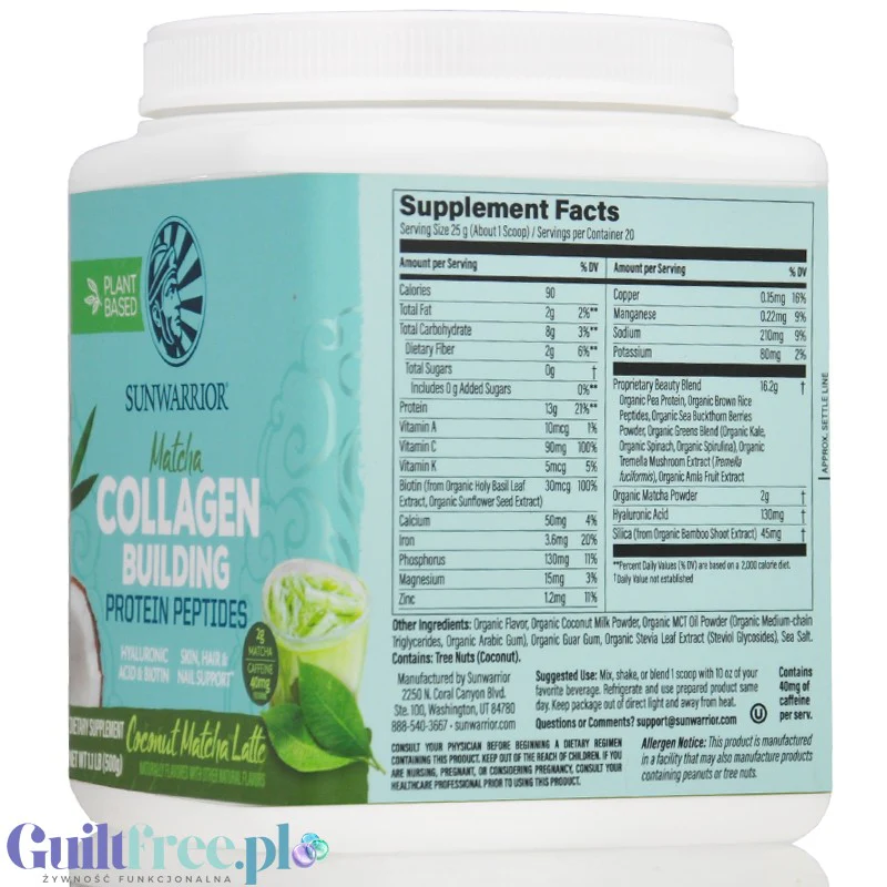 Sunwarrior Collagen Building Peptides, Coconut Matcha Latte - wegańska odżywka białkowa stymulująca wytwarzanie kolagenu - Image 2