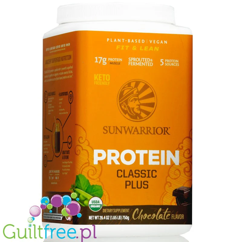 Sunwarrior Protein Classic Plus, Chocolate 075KG - organiczna wegańska odżywka białkowa z 5 superfoods