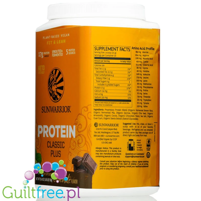 Sunwarrior Protein Classic Plus, Chocolate 075KG - organiczna wegańska odżywka białkowa z 5 superfoods - Image 2
