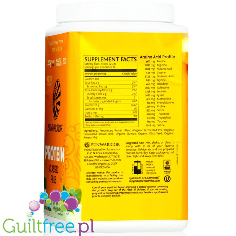 Sunwarrior Protein Classic Plus, Natural 0,75KG - organiczna wegańska odżywka białkowa bez słodzików - Image 2