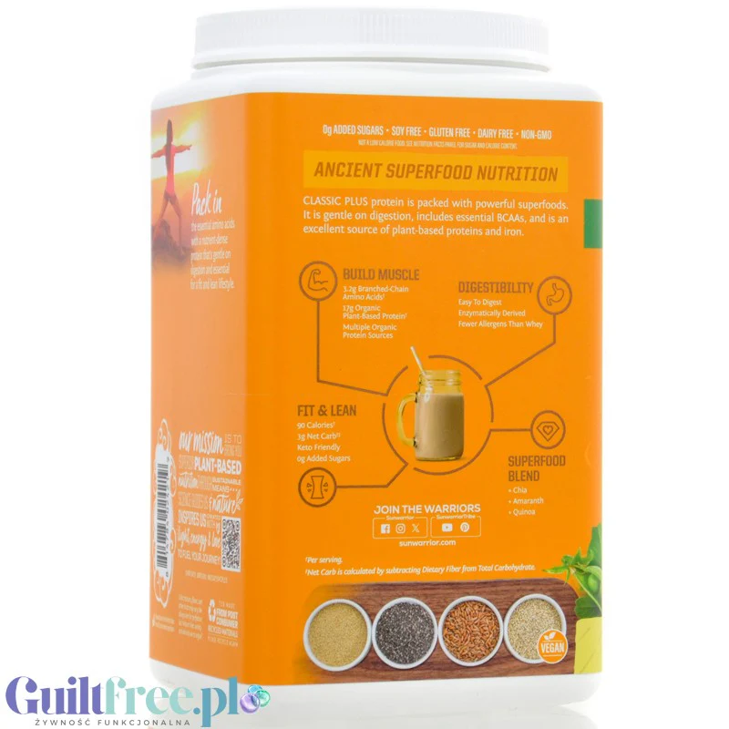 Sunwarrior Protein Classic Plus, Vanilla 0,75KG - organiczna wegańska odżywka białkowa z 5 superfoods - Image 2