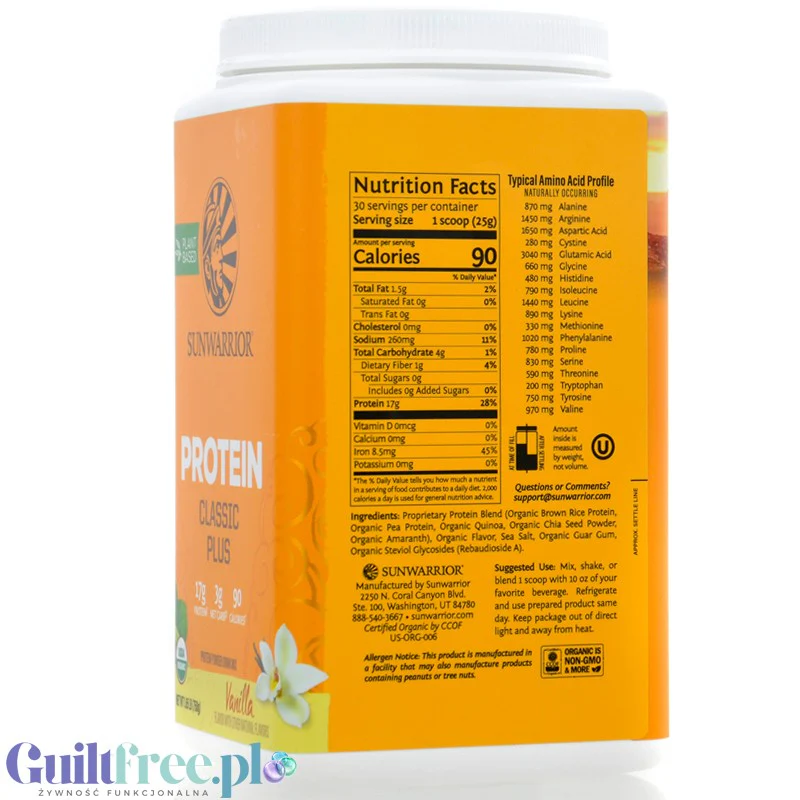 Sunwarrior Protein Classic Plus, Vanilla 0,75KG - organiczna wegańska odżywka białkowa z 5 superfoods - Image 3