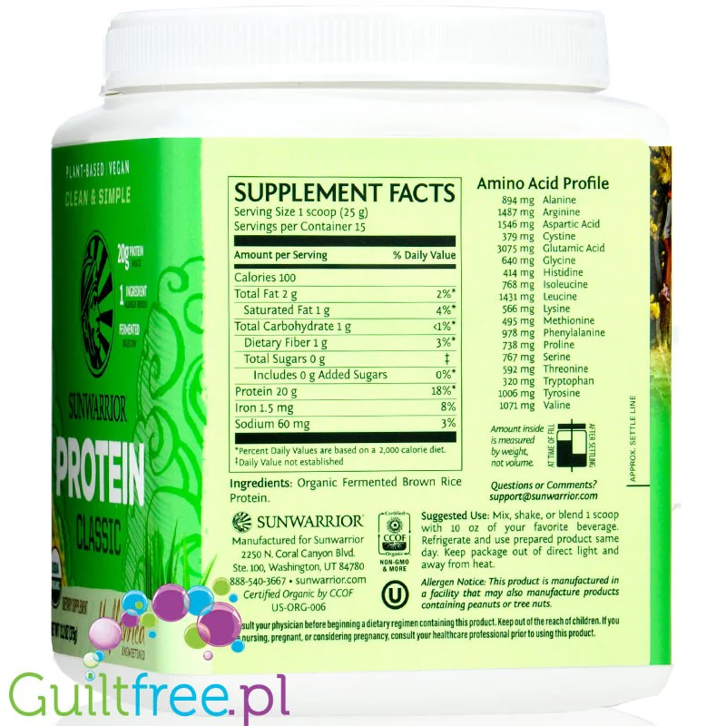 Sunwarrior Protein Classic Unflavored 0,37KG - organiczna wegańska odżywka białkowa bez cukru i słodzików - Image 2