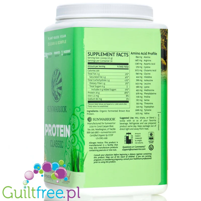 Sunwarrior Protein Classic Unflavored 0,75 KG - organiczna wegańska odżywka białkowa bez cukru i słodzików - Image 3