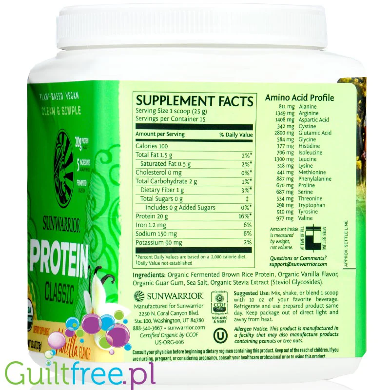 Sunwarrior Protein Classic Vanilla 0,37KG - organiczna wegańska odżywka białkowa ze stewią - Image 4