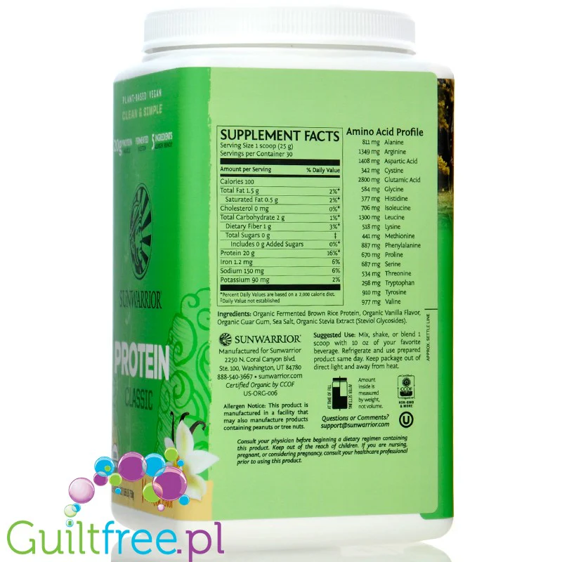 Sunwarrior Protein Classic Vanilla 0,75KG - organiczna wegańska odżywka białkowa ze stewią - Image 2